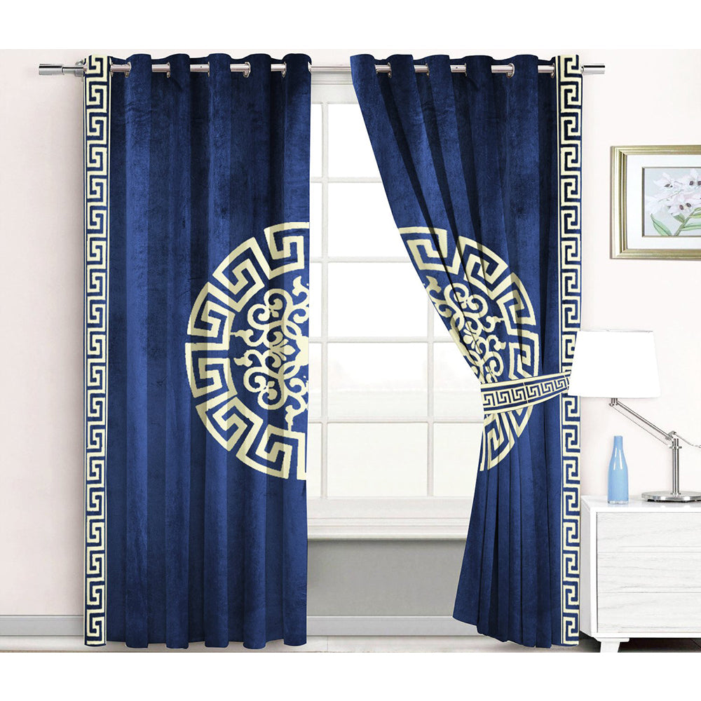 Premium Splendid Velvet Curtains With 2 Belts (Navy Blue & White)