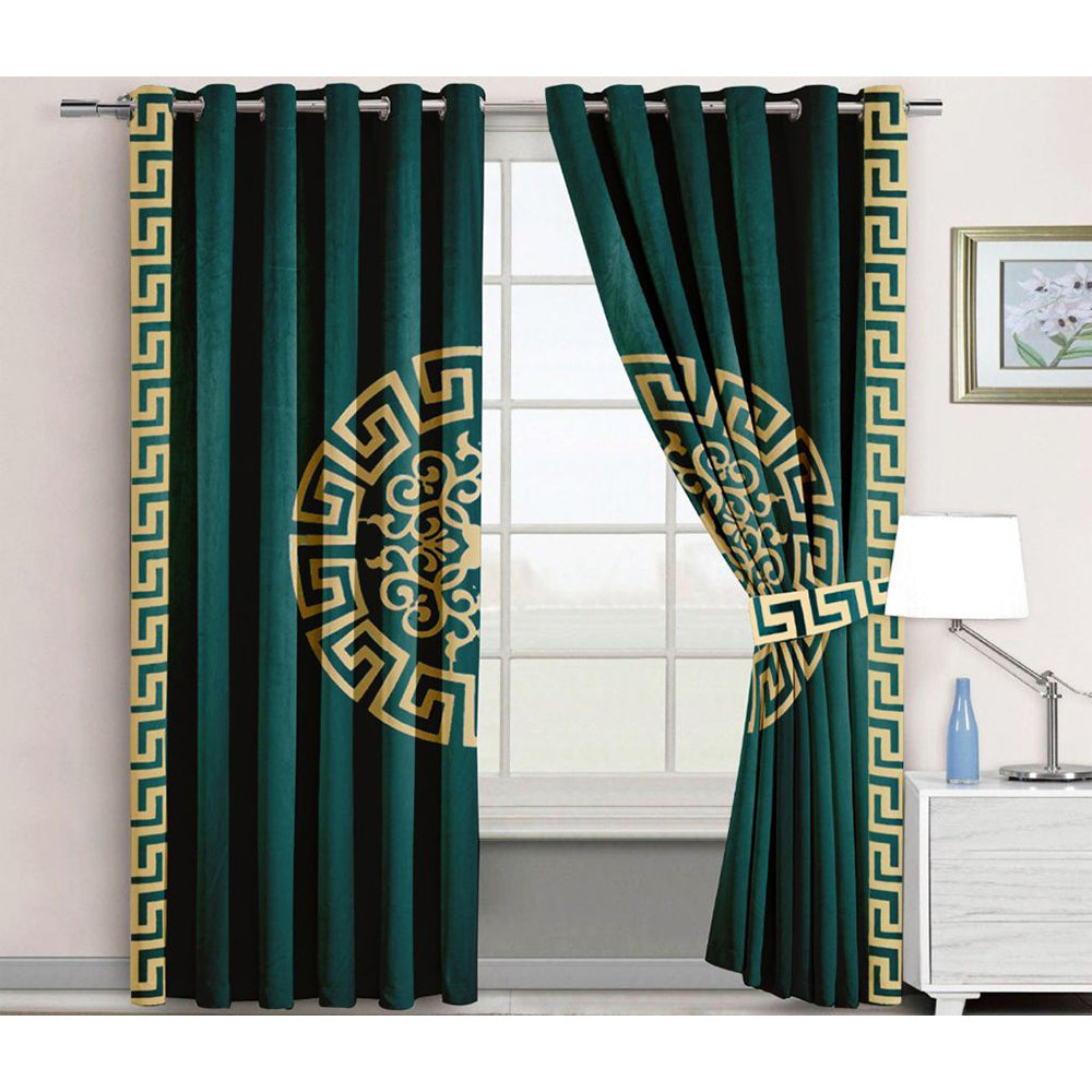 Premium Splendid Velvet Curtains With 2 Belts (Green & Golden)