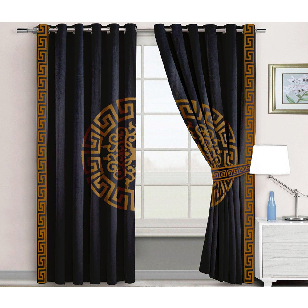 Premium Splendid Velvet Curtains With 2 Belts (Black & Camel)