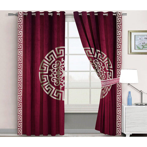 Premium Splendid Velvet Curtains With 2 Belts (Maroon & White)