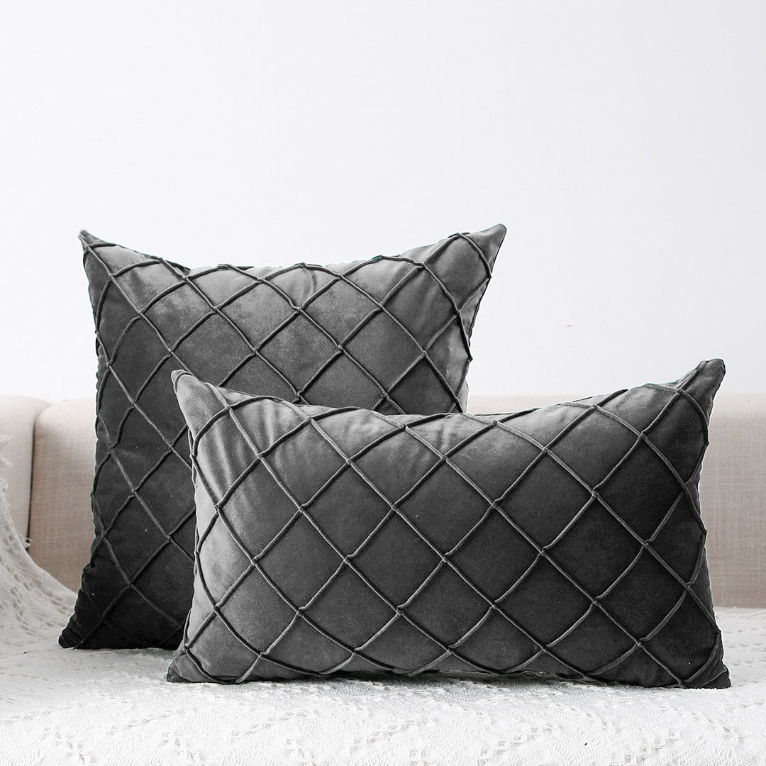 Pack Of 2 Velvet Cross Pleated Cushions Covers - Gray