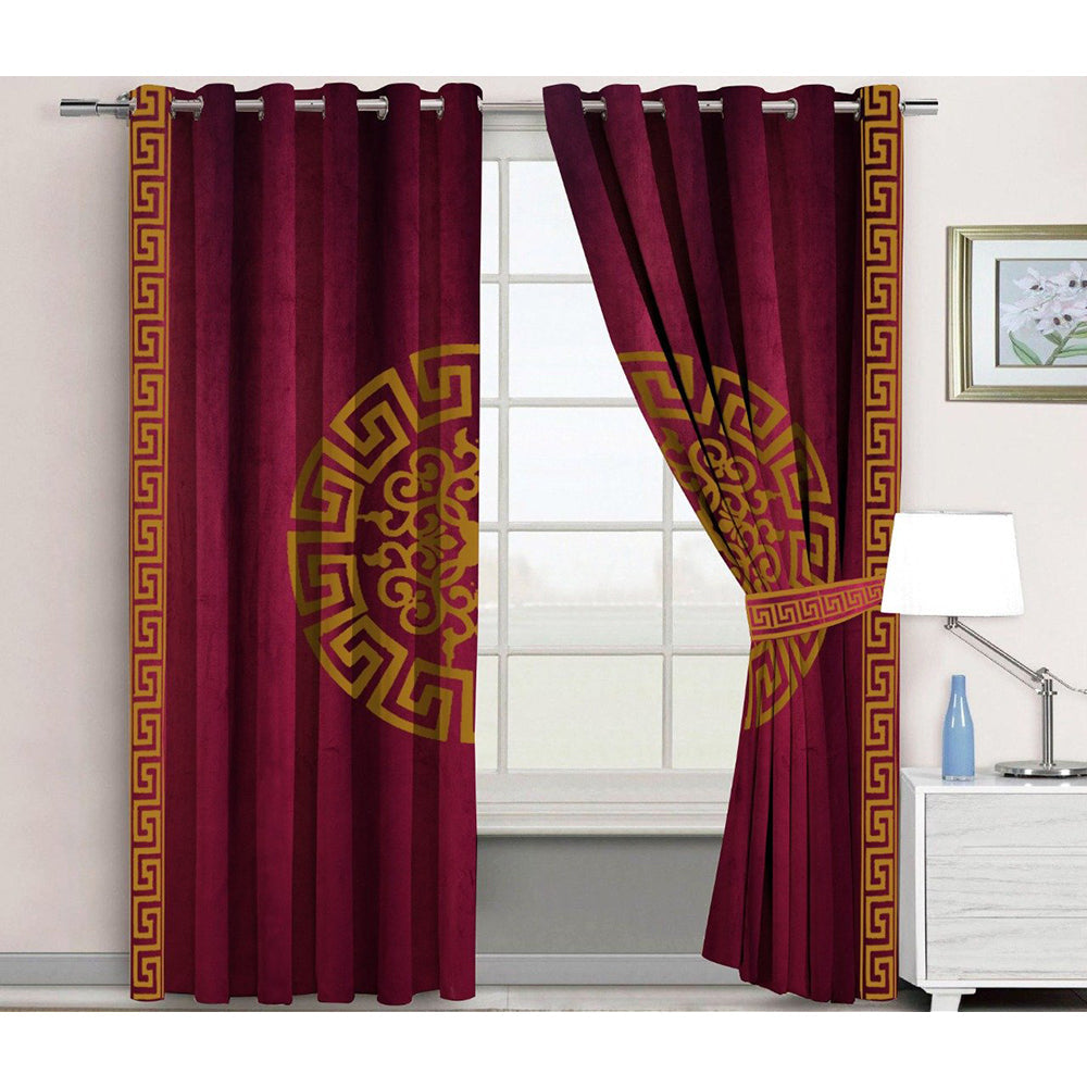 Premium Splendid Velvet Curtains With 2 Belts (Maroon & Golden)