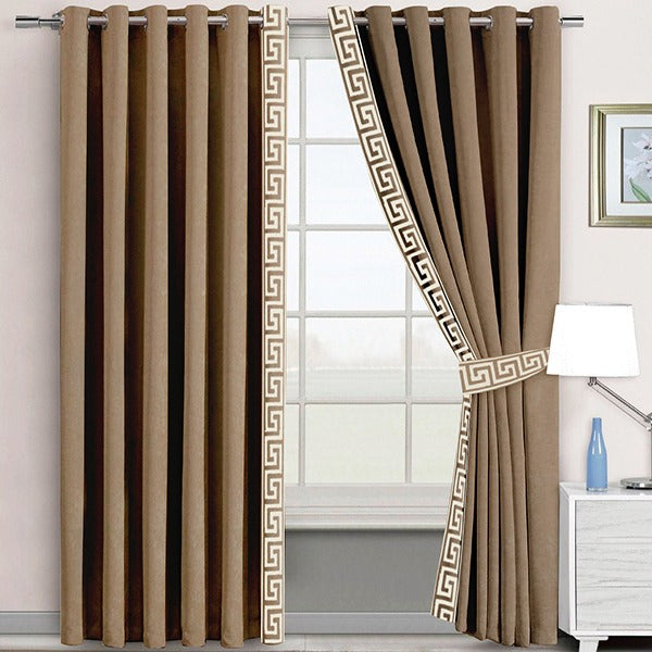 Luxury Velvet Curtain - Dull Brown And Off White