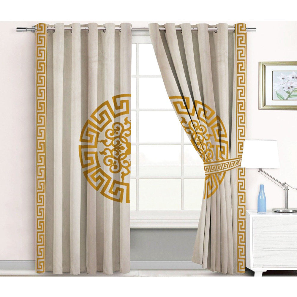 Premium Splendid Velvet Curtains With 2 Belts (Beige & Golden)