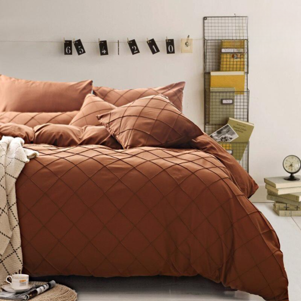 8 Pcs Cross Pleated Duvet Set Brown