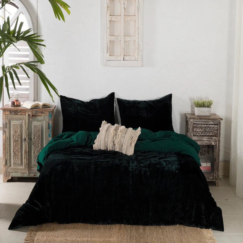 Plain Velvet Duvet Set Green